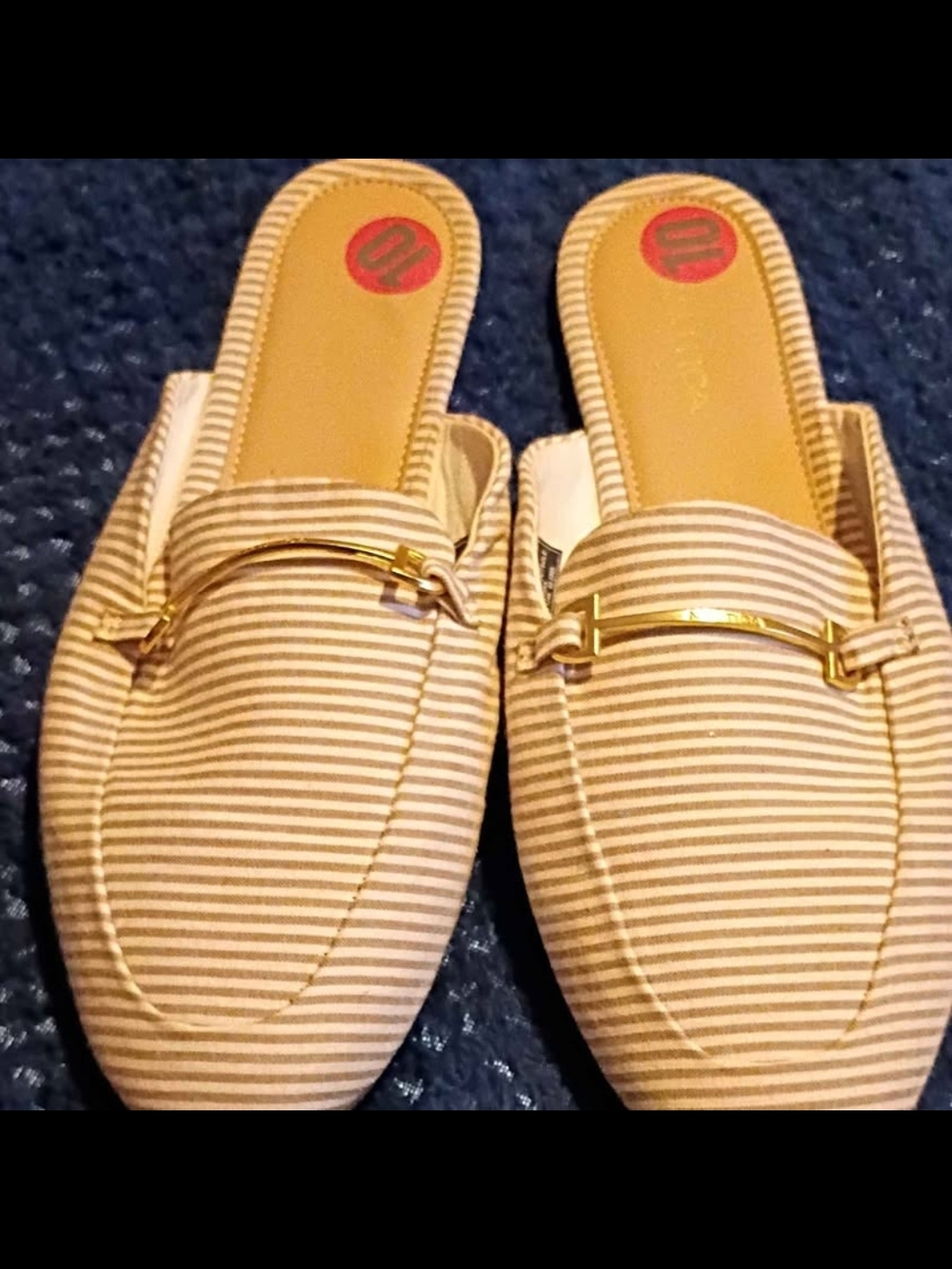 Nautica Tan and White Striped Slip-On Mules with Gold Accent